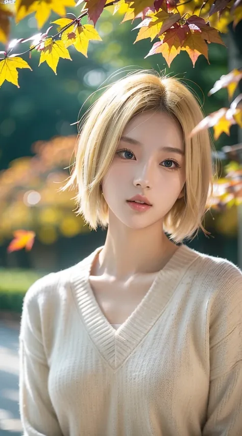 20岁女孩，Sweaters, blond with short hair, (upper part of body:1.2), Autumn leaves, Outdoor sports, volumettic light, Cinematic, golden age, natural  lightting, realistically, natural  lightting, professional DSLR camera,