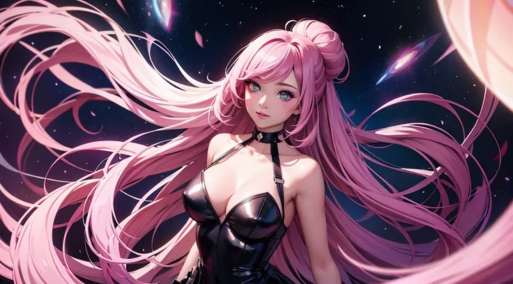 seraphine1, league of legends, nsfw, pink hair, queen, risque pose, big boobs, cleavage, digital illustration, vibrant colors, soft lighting, perfect face, absurdres, ultrasharp, 8K, long hair, space buns, lolita dress, gothic, dark angel