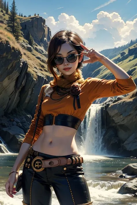 (masterpiece, best quality:1.2), cowboy shot, solo, 1girl, coco adel, grin, looking at viewer, sunglasses, orange t-shirt, yoga pants, jewelry, belt, standing near waterfall