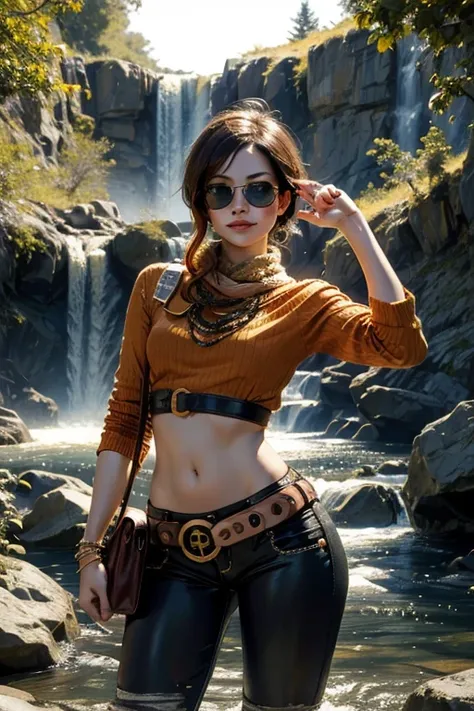 (masterpiece, best quality:1.2), cowboy shot, solo, 1girl, coco adel, grin, looking at viewer, sunglasses, orange t-shirt, yoga pants, jewelry, belt, standing near waterfall