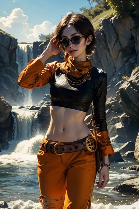 (masterpiece, best quality:1.2), cowboy shot, solo, 1girl, coco adel, grin, looking at viewer, sunglasses, orange t-shirt, yoga pants, jewelry, belt, standing near waterfall