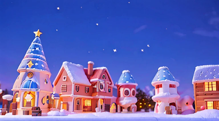 Early in history, descreva a vila coberta por uma suave camada de neve, the stars twinkling in the sky and the Christmas lights shining in the houses. estilo disney, black strokes, 8k,--Niji 5,Disney pixar |