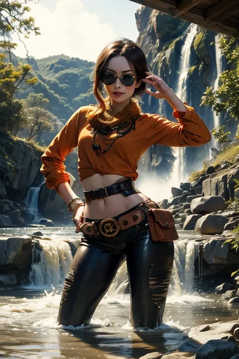 (masterpiece, best quality:1.2), cowboy shot, solo, 1girl, coco adel, grin, looking at viewer, sunglasses, orange t-shirt, yoga pants, jewelry, belt, standing near waterfall