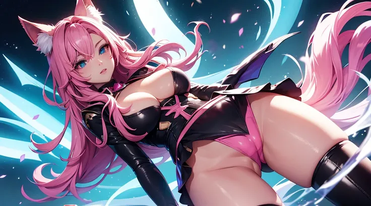 seraphine1, league of legends, nsfw, pink hair, queen, big boobs, cleavage, digital illustration, vibrant colors, soft lighting, perfect face, absurdres, ultrasharp, 8K, long hair, hime cut, samuri, ninja, katana, half mask, glowing effects, slashing pose,...