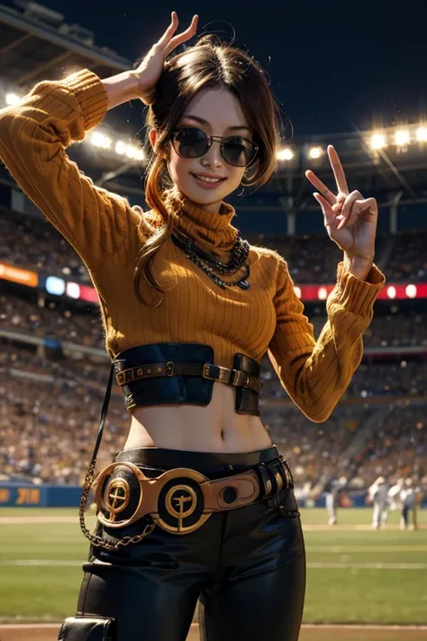 (masterpiece, best quality:1.2), cowboy shot, solo, 1girl, coco adel, grin, looking at viewer, sunglasses, orange t-shirt, yoga pants, jewelery, belt, standing in stadium