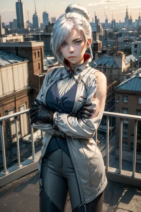 (masterpiece, best quality:1.2), cowboy shot, solo, 1girl, rwbywinter, expressionless, closed mouth, looking at viewer, crossed arms, hair over one eye, single hair bun, coat, coattails, yoga pants, gloves, standing on balcony, cityscape background