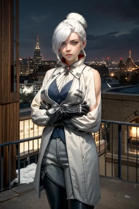 (masterpiece, best quality:1.2), cowboy shot, solo, 1girl, rwbywinter, expressionless, closed mouth, looking at viewer, crossed arms, hair over one eye, single hair bun, coat, coattails, yoga pants, gloves, standing on balcony, cityscape background