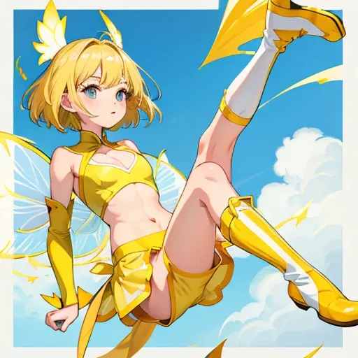 top-quality、Fairy, kick while jumping、a blond、flat chest、bob cuts、white wrestling costume with yellow stripes、Tops、Cleavage cutouts、navel cutout、elbow pad、knee pad、Short boots、Shorts that show the base of your legs、