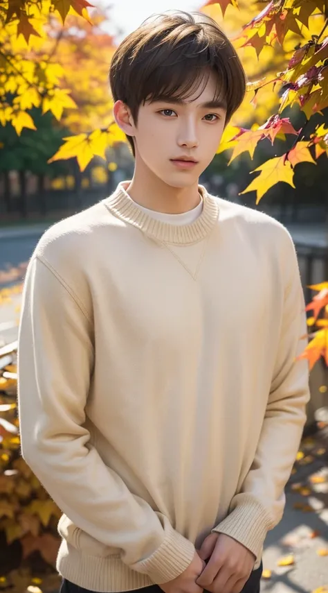 18 years old boy，Sweaters, blond with short hair, (upper part of body:1.2), Autumn leaves, Outdoor sports, volumettic light, Cinematic, golden age, natural  lightting, realistically, natural  lightting, professional DSLR camera,