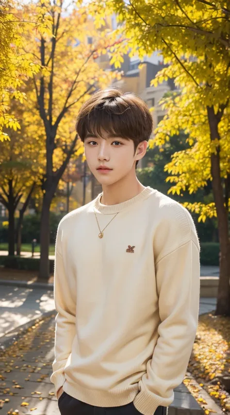 18 years old boy，Sweaters, blond with short hair, (upper part of body:1.2), Autumn park, Outdoor sports, volumettic light, Cinematic, golden age, natural  lightting, realistically, natural  lightting, professional DSLR camera,