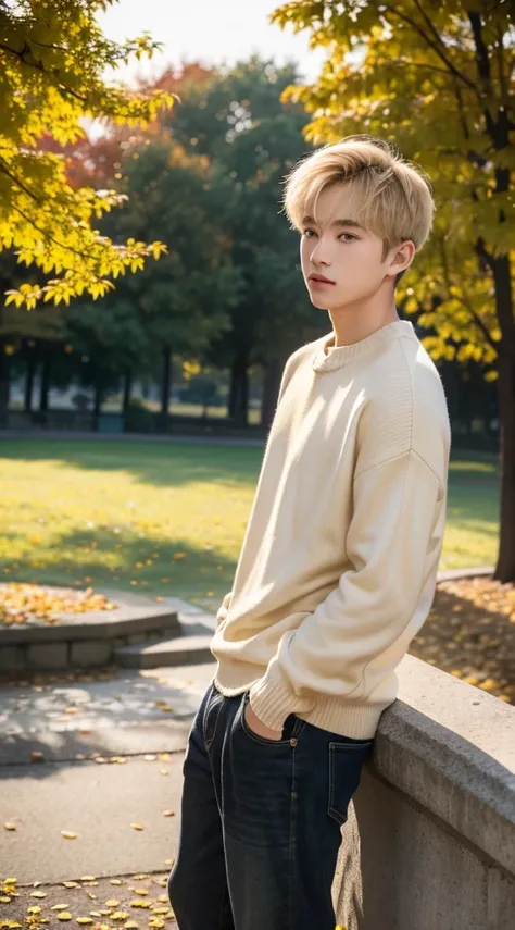 18 years old boy，Sweaters, blond with short hair, (upper part of body:1.2), Autumn park, Outdoor sports, volumettic light, Cinematic, golden age, natural  lightting, realistically, natural  lightting, professional DSLR camera,