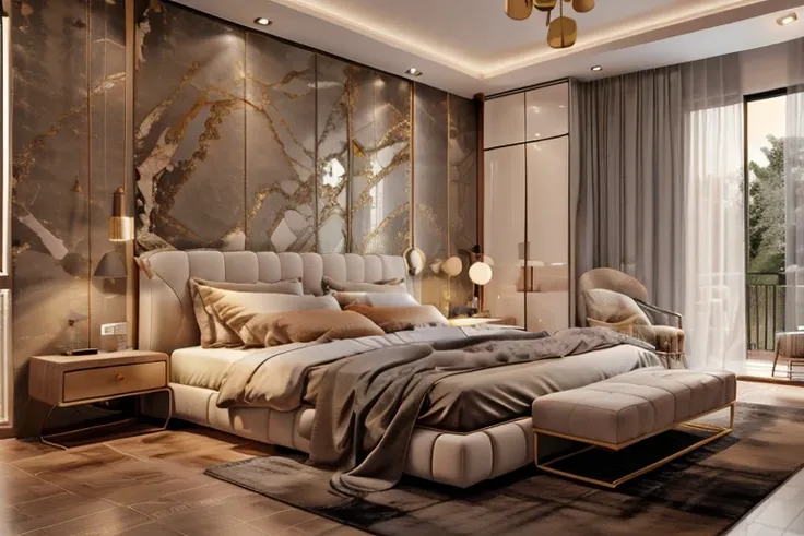 ultra realistic, masterpiece, best quality, super detailed, ultra high res, raw photo, 8k,
a modern bedroom with light grey, (fa...