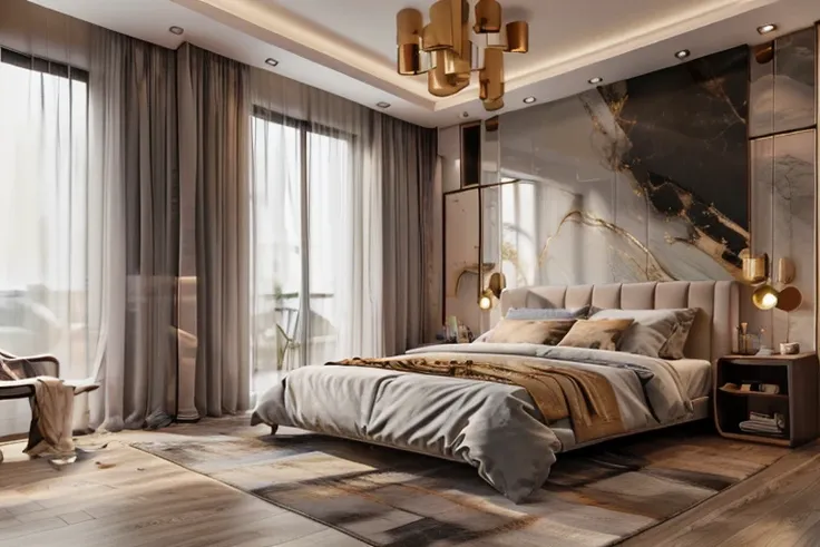 ultra realistic, masterpiece, best quality, super detailed, ultra high res, raw photo, 8k,
a modern bedroom with light grey, (fa...