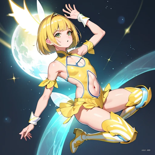 top-quality、Fairy, Punishment Pose、a blond、flat chest、bob cuts、white wrestling costume with yellow stripes、Tops、Cleavage cutouts、navel cutout、elbow pad、knee pad、Short boots、Shorts that show the base of your legs、