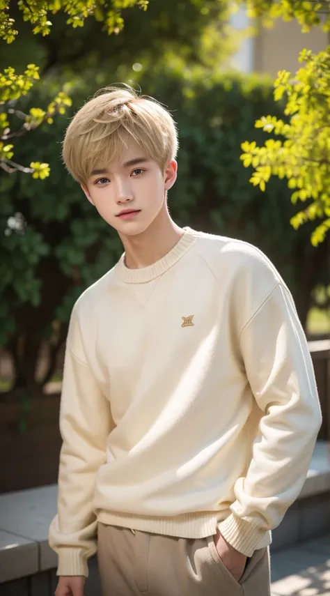 18 years old boy，Sweaters, blond with short hair, (upper part of body:1.2), Spring campus, Outdoor sports, volumettic light, Cinematic, golden age, natural  lightting, realistically, natural  lightting, professional DSLR camera,