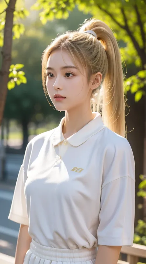 18yo Girl，校服, Blonde ponytail, (upper part of body:1.2), Spring campus, Outdoor sports, volumettic light, Cinematic, golden age, natural  lightting, realistically, natural  lightting, professional DSLR camera,