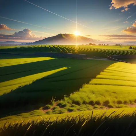 light, the setting sun behind the construction of solar panels over a field of green grass 4K, (extremely detailed CG unity 8k wallpaper), (best quality), (best illustration), (best shadow)