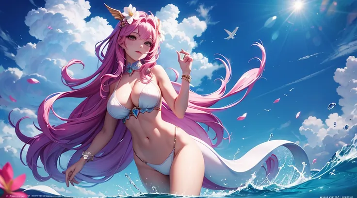 mermaid, no legs, seraphine1, league of legends, pink hair, big boobs, cleavage, digital illustration, vibrant colors, soft lighting, perfect face, absurdres, ultrasharp, 8K, long hair, sakura flowers, bubbles glowing effects, petals, ocean, water