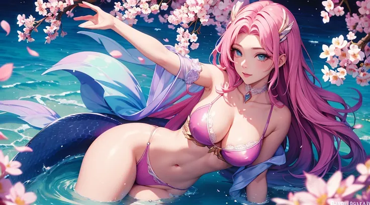 mermaid, no legs, seraphine1, league of legends, pink hair, big boobs, cleavage, digital illustration, vibrant colors, soft lighting, perfect face, absurdres, ultrasharp, 8K, long hair, sakura flowers, bubbles glowing effects, petals, ocean, water