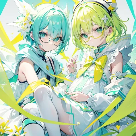 pastel green，short Yellow hair，Fluorescent milky white，Blue-yellow glasses with thin frames，Yellow, Green and white clothes，Super beautiful looks, Especially cute and cute baby loli