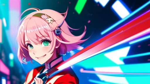 ２D A computer wallpaper with a lively anime-style cyberpunk-like beautiful girl with white-pink hair and a smile, wearing red, green and blue clothes, standing on the right side and holding a sword.