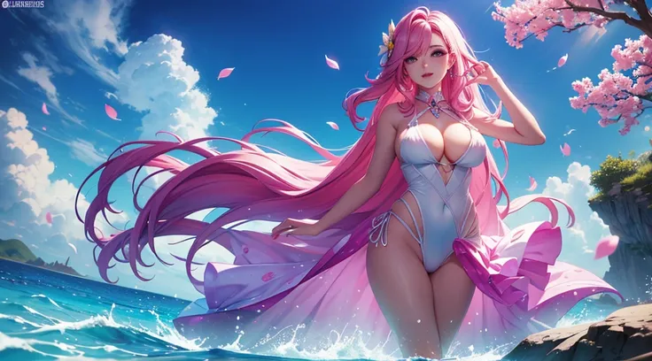 seraphine1, league of legends, pink hair, swim suit, big boobs, cleavage, digital illustration, vibrant colors, soft lighting, perfect face, absurdres, ultrasharp, 8K, glowing effects, long hair, sakura flowers, bubbles, petals, ocean, water, long dress, w...