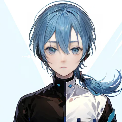 (Blue-haired boy&#39;s avatar, coldness, Two-dimensional style, Simple White Background，large head)