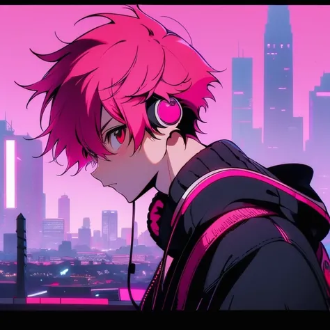 (short-cut), (Two-block hair), (vivid pink hair), (male character), (Red Eyes), (Cool pose), (of the highest quality), (​masterpiece), (ultra-detailliert), (Oversized hoodies), (headphones), (Street), (neons), (Camera from a down angle), (Modern City), (ne...