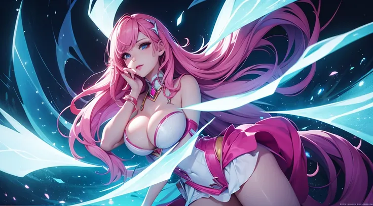 seraphine1, league of legends, pink hair,, big boobs, cleavage, digital illustration, vibrant colors, soft lighting, perfect face, absurdres, ultrasharp, 8K, glowing effects, long hair,  wet dress