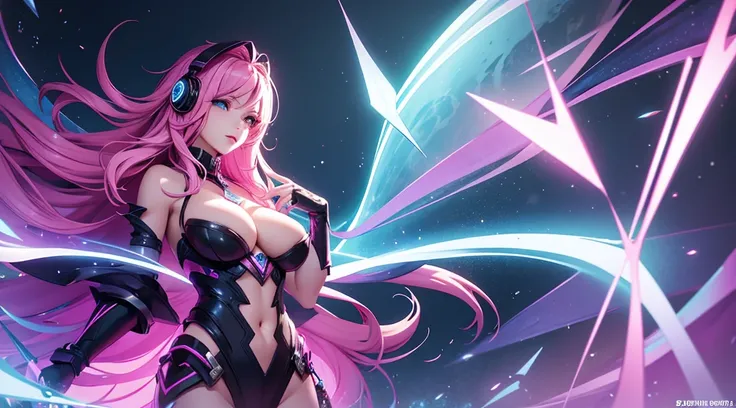 seraphine1, league of legends, pink hair,, big boobs, cleavage, digital illustration, vibrant colors, soft lighting, perfect face, absurdres, ultrasharp, 8K, glowing effects, long hair, gamer, digital girl, headphones,