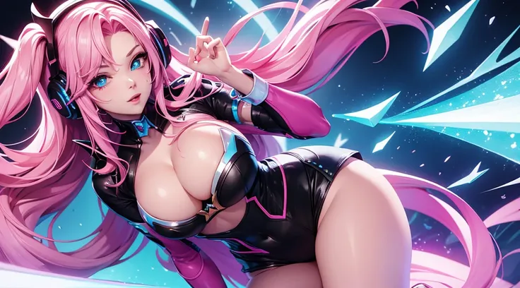 seraphine1, league of legends, pink hair,, big boobs, cleavage, digital illustration, vibrant colors, soft lighting, perfect face, absurdres, ultrasharp, 8K, glowing effects, long hair, gamer, digital girl, headphones,