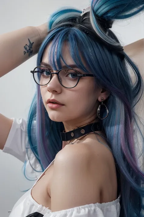 8k wallpaper, masterpiece, movie lighting, best quality, illustration, dramatic angle, ((color: 1.1)), ((color inner hair: 1.4)), 1girl, solo, long hair, water, blue eyes, black glasses, choker, parted lips, white choker, liquid hair, black hair, bangs, fr...