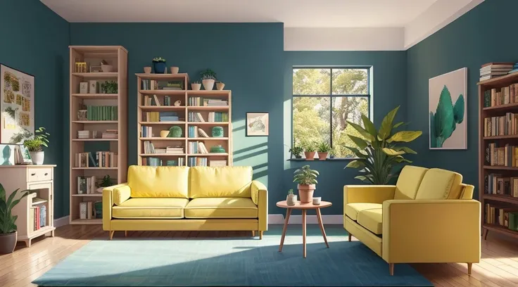 A blue living room with a plush yellow couch, yellow cushions on the couch. Beside it there is an end table with a stack of books on it. There are green plants in the window and a bookcase in the corner of the room. (extremely detailed CG unity 8k wallpape...