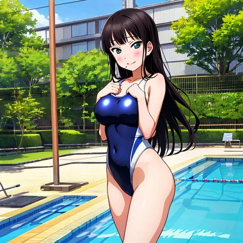 {Best Quality}, {very aesthetic}, {Ultra-detailed}, {Best Illustration}, nsfw, Naughty face, tits out, {nude}, School swim wear, Lots of love juice, Navy blue swimsuit, Japan Student Swimsuit, One Piece Swimsuit, 肩ひもをずらしてtits outを出す, Show your