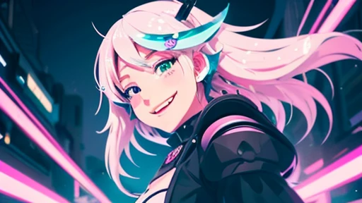 ２D A beautiful girl with white pink hair and a smiling face is standing on the right side and holding a sword in an anime style and lively cyberpunk style.、Overall dark computer wallpaper