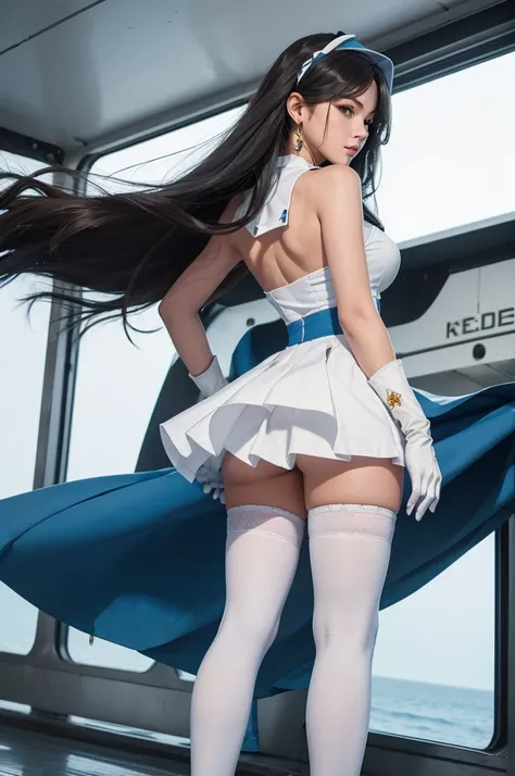 ((best quality)), ((masterpiece)), ((1girl)), solo, Ferry, ((long hair)), FerryBase, ((thighhighs)), bare shoulders, ((jewelry)), ((sleeveless)), white dress, blue skirt, ((gloves)), thigh-high, from behind.