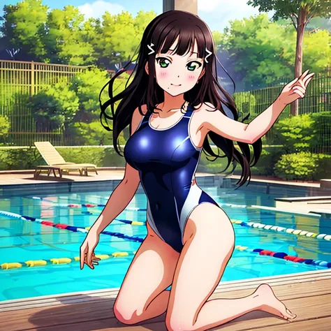 {Best Quality}, {very aesthetic}, {Ultra-detailed}, {Best Illustration}, nsfw, tits out, {nude}, School swim wear, Navy blue swimsuit, Japan Student Swimsuit, One Piece Swimsuit