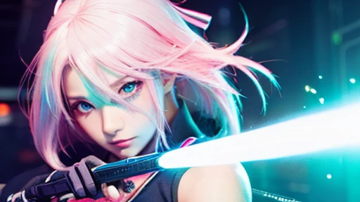 A beautiful anime-style, cyberpunk-style beautiful girl with white pink hair is holding a sword on the right side.、Light clothing based on red, green and blue、pc wallpaper