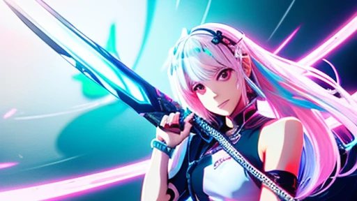 A beautiful anime-style, cyberpunk-style beautiful girl with white pink hair is holding a sword on the right side.、Light clothing based on red, green and blue、pc wallpaper