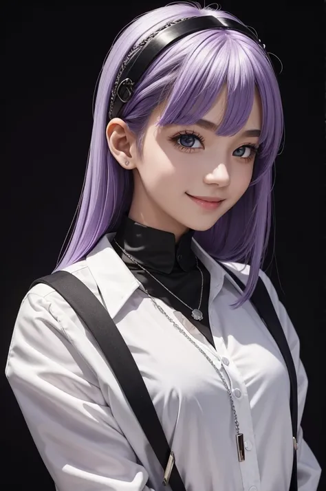 Masterpiece,1girl,solo, light smile, metal necklace, white shirt, modern school uniform, accessories, two-tone hair color in purple and black, unique hairstyle, stylish, black background