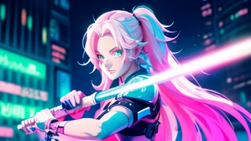 A beautiful girl with white pink hair holds a sword in an animated and lively cyberpunk style.、Computer wallpaper based on red, green and blue