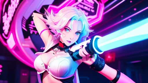 A beautiful girl with white pink hair holds a sword in an animated and lively cyberpunk style.、Computer wallpaper based on red and black