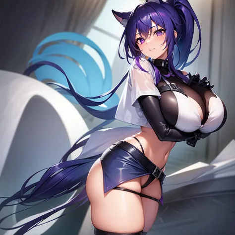 1girl, solo, detailed face, detailed eyes, neon purple hair, long ponytail, colored skin, blue skin, white eyes, black sclera, sharp teeth, thick lips, colored eye lashes, huge ass, huge breasts, see-through shirt, tight denim bermudas, indoors, talking, l...