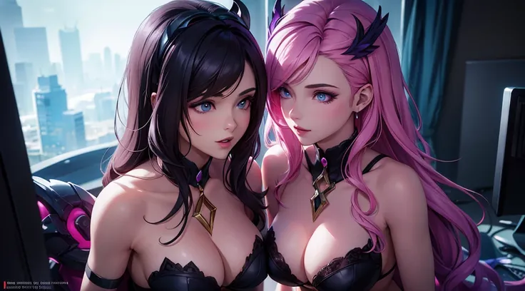 2 girls, seraphine and morgana, lesbians, nsfw, league of legends, pink and purple, digital illustration, vibrant colors, soft lighting, perfect face, absurdres, ultrasharp, 8K, glowing effects