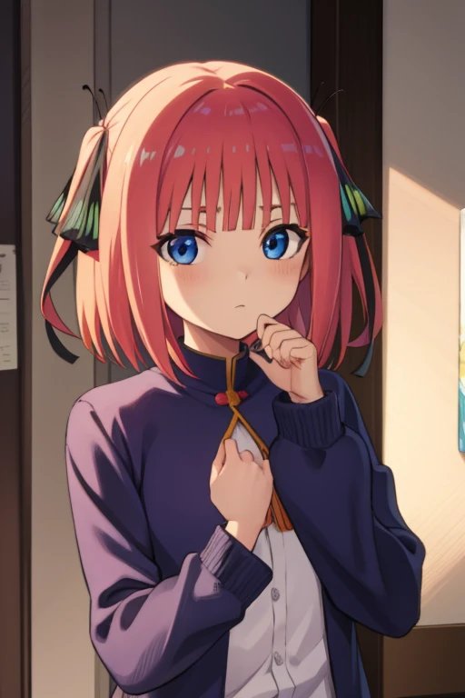 ninonakano, nino nakano, Short hair, Bangs, Blue eyes, Hair Ornament, Hair Ribbon, Pink hair, blunt Bangs, two side up, butterfly Hair Ornament,
Open your clothes, sleeves past wrists, 
BREAK indoors, crass room, School,
BREAK looking at viewer, 
BREAK (ma...