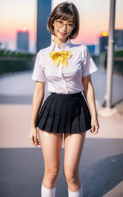 8k,cinematic lighting,top-quality,Top image quality,masterpiece,best quality,depth of field,ultra-detailed,from below,Standing,(mideum shot),full body,1girl,Japanese,32 years old,(Gyaru:1.2),(Black hair,very short messy bobcut:1.2),(Oval light brown cell f...