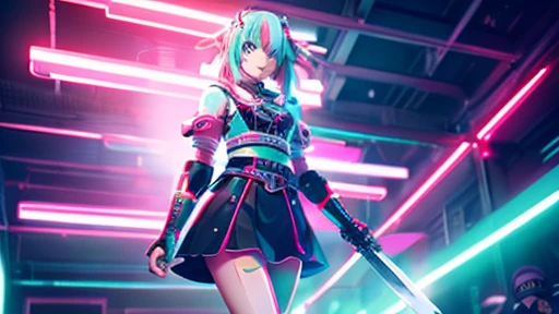 Lively anime style、cyberpunked、red green blue keynote、Beautiful girl with light pink hair、student clothes、２Hold the sword、pc wallpaper