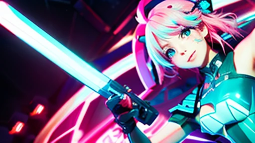 Lively anime style、cyberpunked、red green blue keynote、Beautiful girl with light pink hair、Dress appearance、２Hold the sword、pc wallpaper