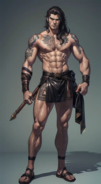 no background, background clean, standing character full body ((solo)), babarian warrior male adult, perfect muscular body, serious face, long black hair, pretty detail eyes, beautiful detailed lips, extremely detailed eyes and face, armor barbarian, bare ...