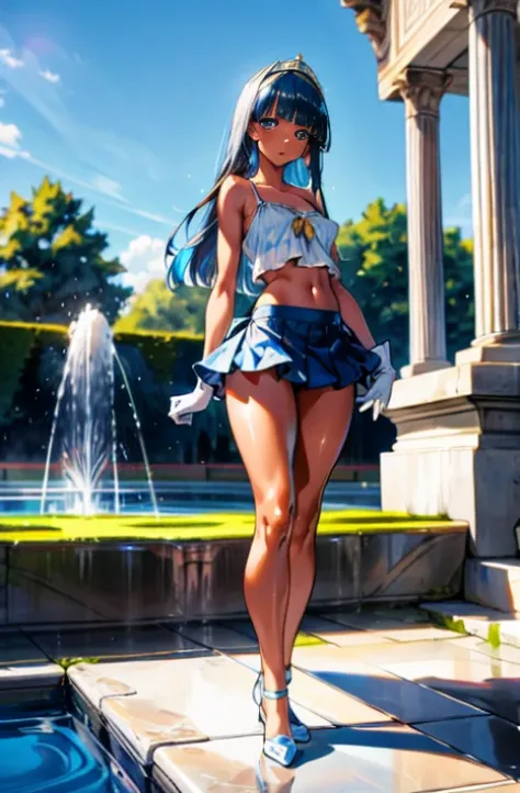 Loli, straight hair, (blunt bangs:1), roman garden, artificial fountain, full body, erect nipple, (wide hips:1.2), camisole, blue eyes, (dark skin:1), shiny skin, bare hips, standing, white gloves, skirt, bright blue sky